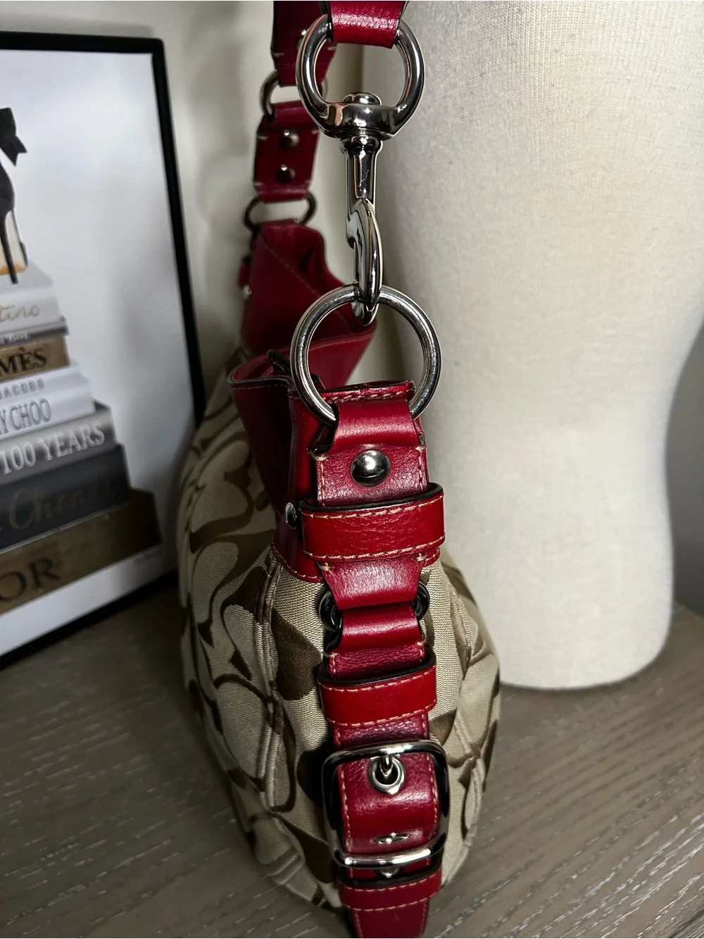 Coach Zoe Signature C Hobo Shoulder Bag  Khaki Jacquard Red Leather Trim